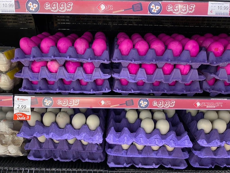 purple duck eggs teddy bacon burger